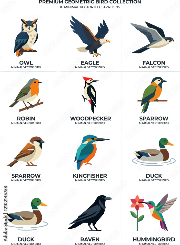 Obraz premium Premium geometric bird collection wildlife illustration with wildlife, geometric
