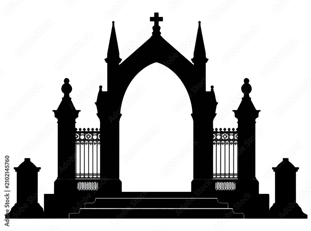 Fototapeta premium Gothic arch silhouette with cemetery gate. Dark monument entrance for spooky graveyard design.