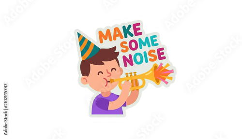 Happy boy in party hat playing trumpet with 