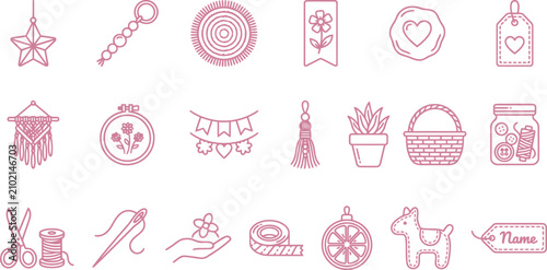 Pink vector illustration set featuring various handmade craft icons for creative design and artistic projects