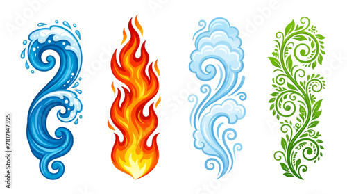 Set of Four Stylized Natural Elements Representing Water Fire Air and Earth Symbolism in Decorative Artistic Graphic Illustration Design