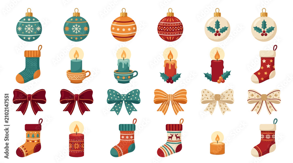 Naklejka premium Set of Cute Hand Drawn Christmas Elements Featuring Festive Ornaments Stockings Candles and Decorative Bows in Flat Vector Style