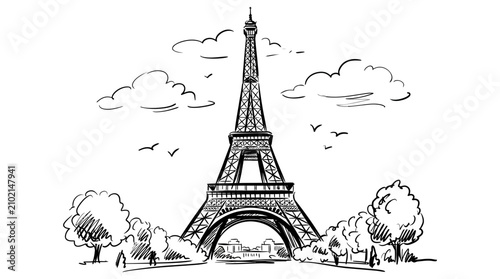 Elegant Hand Drawn Sketch of the Iconic Iron Lattice Landmark Tower in Paris Surrounded by Lush Trees and Fluffy Clouds