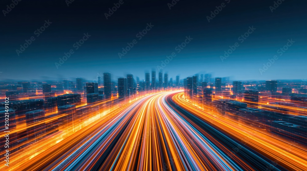 Fototapeta premium High way traffic with motion blur light trails on an urban city road at night speed