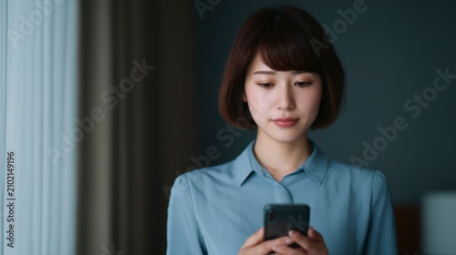 Safe online environment, A young woman with a bob haircut looks intently at her smartphone, standing indoors near a curtain with a calm expression.