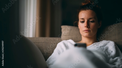Safe online environment, A young woman in a white robe relaxes on a couch, focused on her smartphone in a dimly lit room.