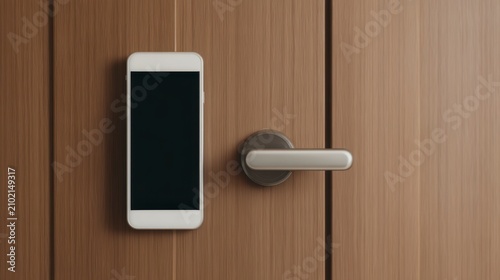 Safe online environment, A smartphone is magnetically attached to a wooden door next to a modern metal door handle.