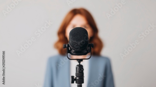 Safe online environment, A person stands behind a black microphone, slightly out of focus, suggesting a recording or speaking setup with a plain background.