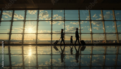 Silhouette of Family Walking in Airport Terminal at Sunset with Luggage