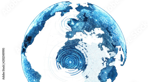 Futuristic blue digital globe with glowing network nodes and concentric ripple patterns on black background
