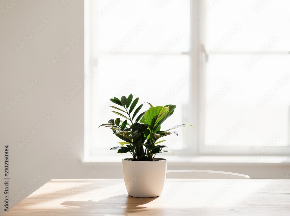 Fototapeta premium A small green plant in a white pot sits on a wooden table in front of a bright window, creating a minimalist and serene indoor scene.