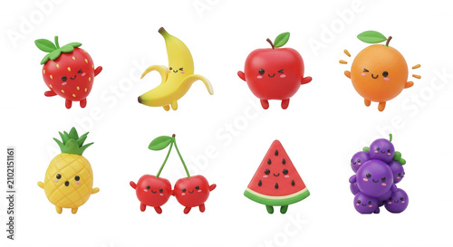 adorable 3d animated fruits smiling and posing on a white background for educational materials and childrens content