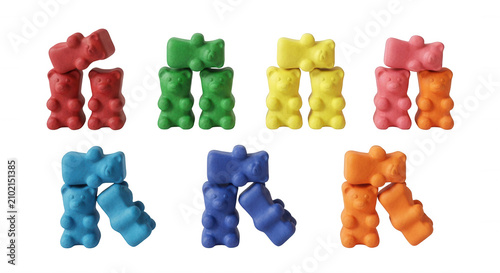 colorful gummy bear stacks creative arrangement on a white background suggesting educational use learning toy