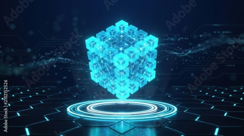 Futuristic blockchain data cube concept with glowing blue digital blocks floating above a tech grid floor