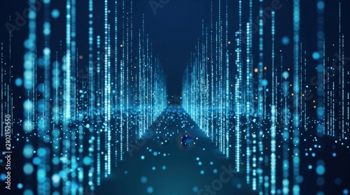 Futuristic blue digital data stream tunnel with glowing particles