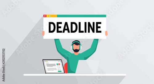 Man Holding a Deadline Sign with a Laptop on a Desk.