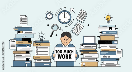 Overwhelmed Businessman with Too Much Work and Documents.