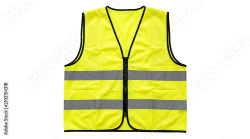 Bright yellow safety vest isolated on transparent background, high visibility reflective gear for construction and road work