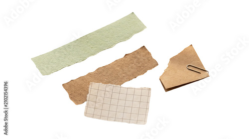 Torn paper scraps and a paperclip isolated on a transparent background, creative textures for design and artistic projects.