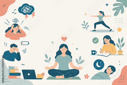 Mental Health Self Care Routine Flat Vector Illustration with Meditation, Yoga, Journaling, Sleep, Stress Management and Wellness Lifestyle Background