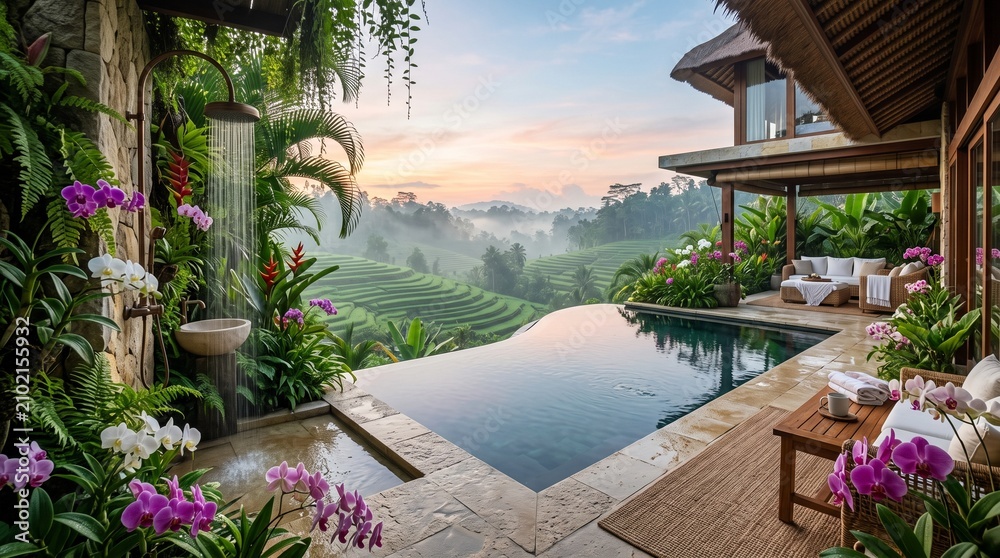 Fototapeta premium Luxury Villa Infinity Pool with Outdoor Shower Overlooking Bali Rice Terraces