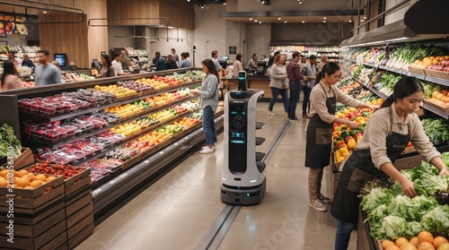 Artificial intelligence improves supermarket operations through smart inventory systems and autonomous shelf monitoring in a modern grocery store.