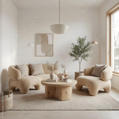 Japandi and nordic minimalism style interior room, organic shaped furniture
