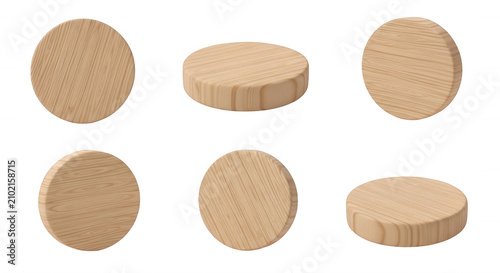 wooden circles arrayed on a white background the product in various positions for display or design elements