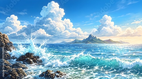 Ocean waves under blue sky cartoon
