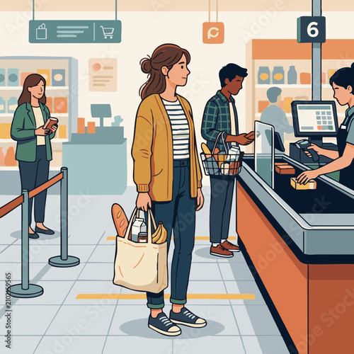 Person standing in checkout line with groceries at store during daytime