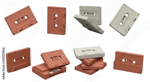assorted audio cassettes tumbling on a white background suggesting retro music for vintage design