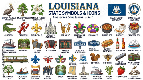 Comprehensive Collection of Illustrative Louisiana State Symbols and Cultural Icons Representing Regional Heritage and Local Traditions