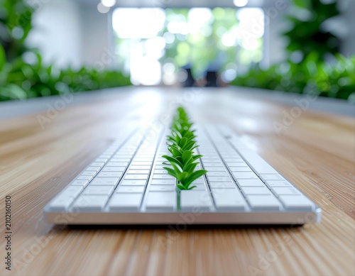 Modern laptop on a wooden desk with a green plant growing through the keyboard, symbolizing sustainable technology, green innovation, eco-friendly workspace, environmental responsibility