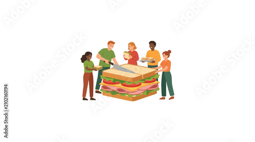 Group of People Sharing a Giant Layered Sandwich