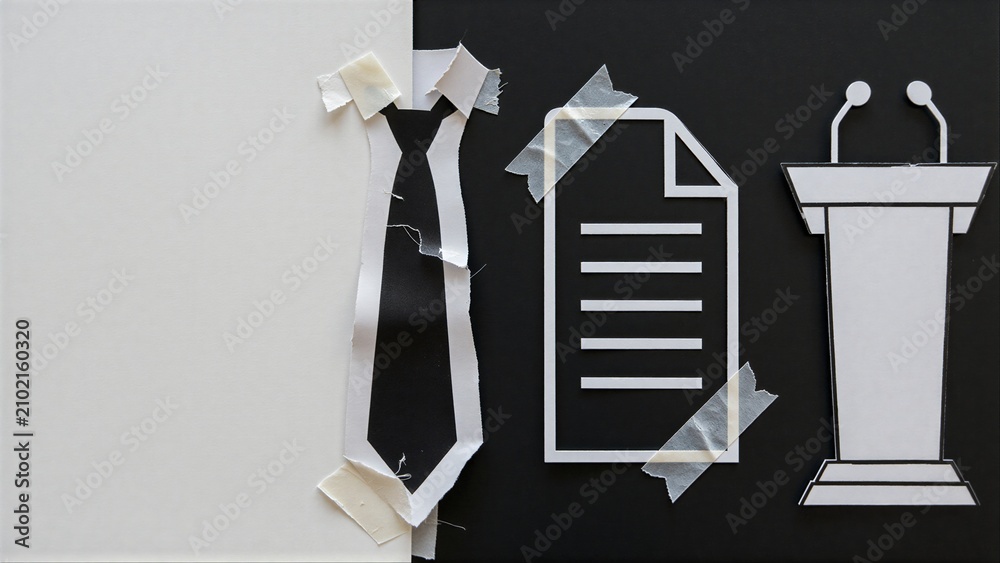 Obraz premium Tie, document, and podium cutouts taped to split black-white background.