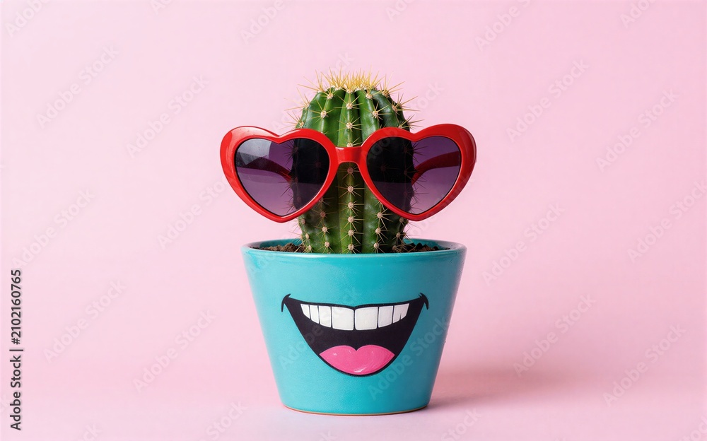 Fototapeta premium Cactus in red heart sunglasses, smiling pot on pink background.