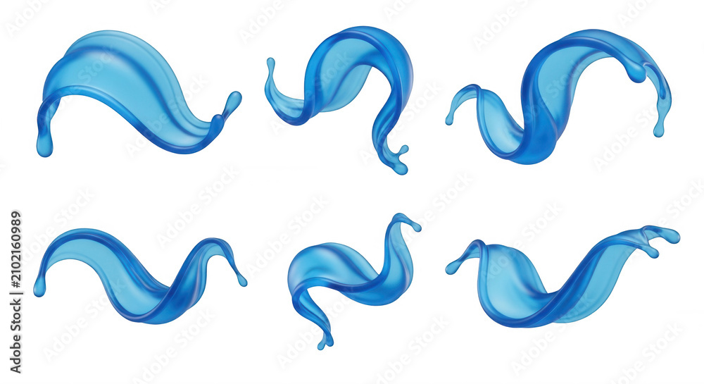 Fototapeta premium 3d rendered illustration set of blue water splashes isolated on a white background suggesting movement and fluidity useful for design assets