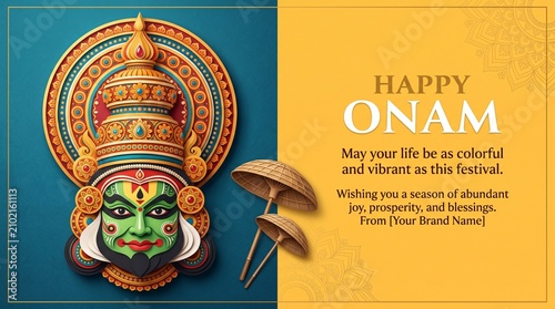 Onam festival background for South India Kerala traditional celebration. Onam Kathakali dancer with umbrella. Vector illustration.