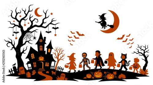 Fotografía Halloween trick or treating kids near haunted house illustration.