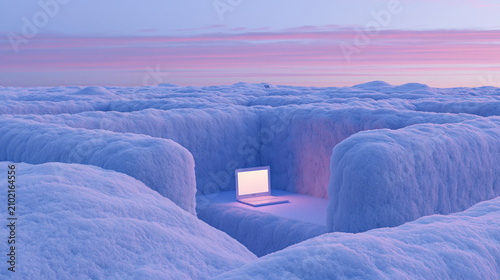 Sweeping pastel snowfield panorama with lone glowing laptop at lavender twilight