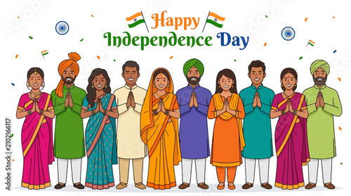 Happy Independence Day India banner with diverse people in traditional clothing, Indian citizens celebrating national holiday, flat vector illustration