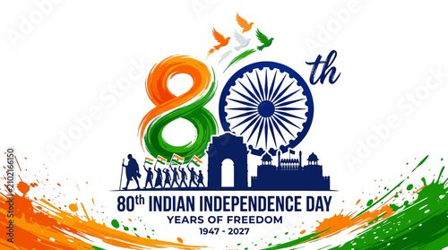 Bild auf Leinwand 80th Indian Independence Day celebration vector, saffron and green tricolor 80 y