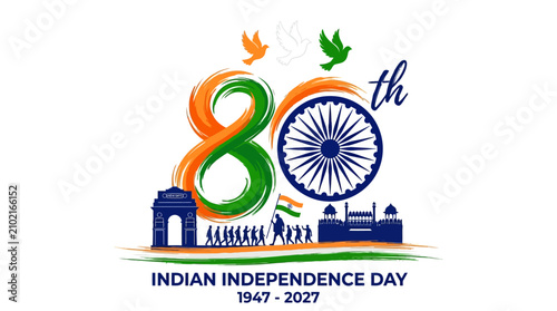 Obraz na płótnie Indian Independence Day 80th anniversary vector, tricolor 80 typography with Ash