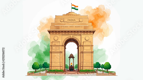Canvastavla India Gate monument vector illustration, historic Delhi landmark with national f