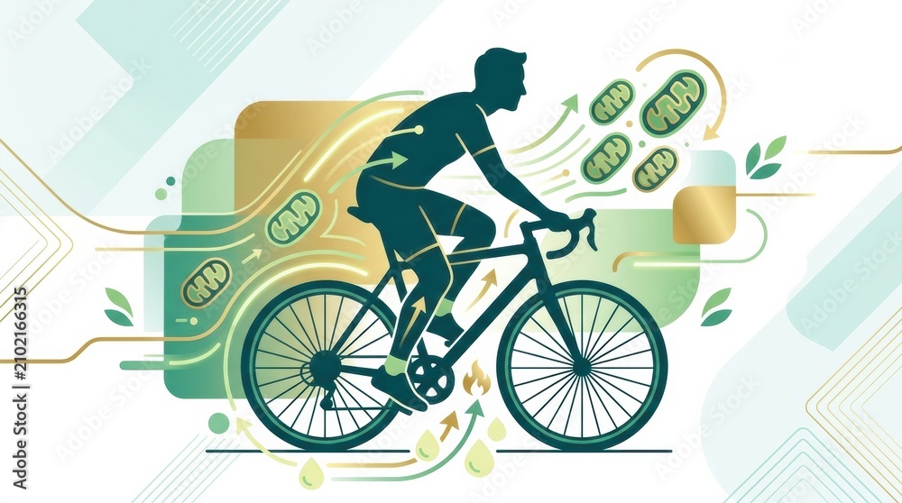 Fototapeta premium Person riding a bicycle surrounded by graphics representing health, longevity, and anti-aging concepts in a creative design.
