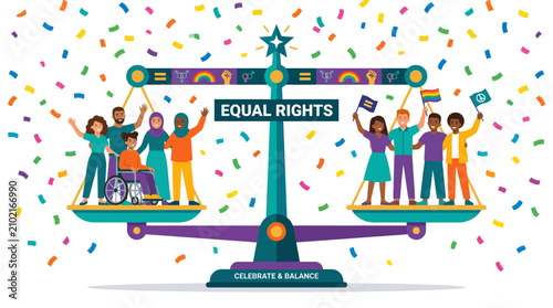Tableau sur toile Diverse people standing on balanced scales for equal rights.
