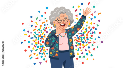 фотографія Happy elderly woman waving amidst a burst of colorful confetti.