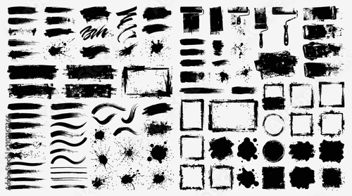 Large Collection of Black Ink Paint Brush Strokes Grunge Roller Textures Vector Graphic Element Set Banners Spatula Frame Borders Hand Drawn Abstract Design Isolated Background