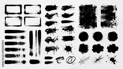 Collection of realistic vector black ink brush strokes, painted charcoal lines, and artistic hand-drawn texture elements with dirty distressed smudge effect for creative graphic design projects.