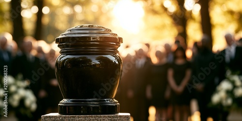 Black ceramic cremation urn on pedestal with blurred mourners standing in the background during sunset, concept for funeral service, memorial ceremony and grief support